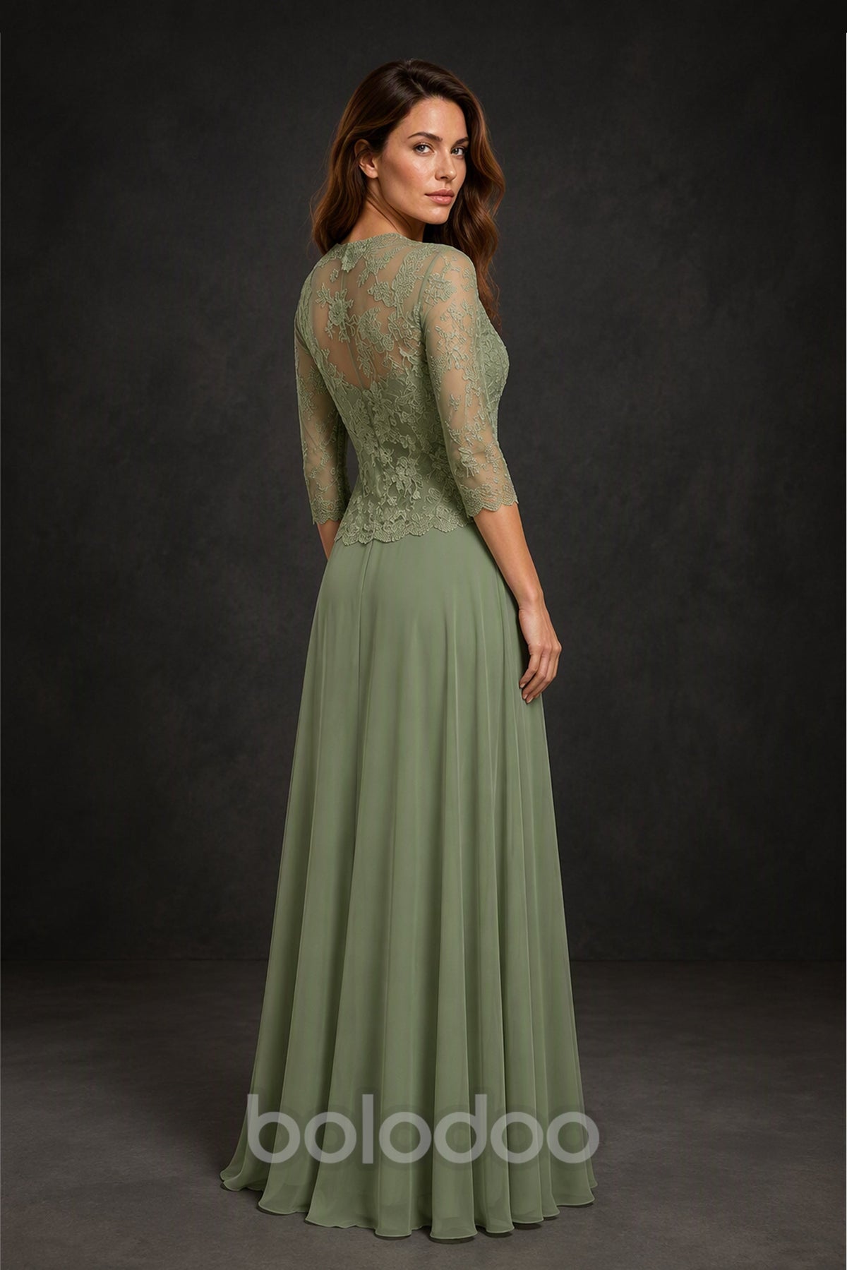 BOLODOO Sage Green Lace Jacket Chiffon Gown Set - Full Front View | BOLODOO watermark