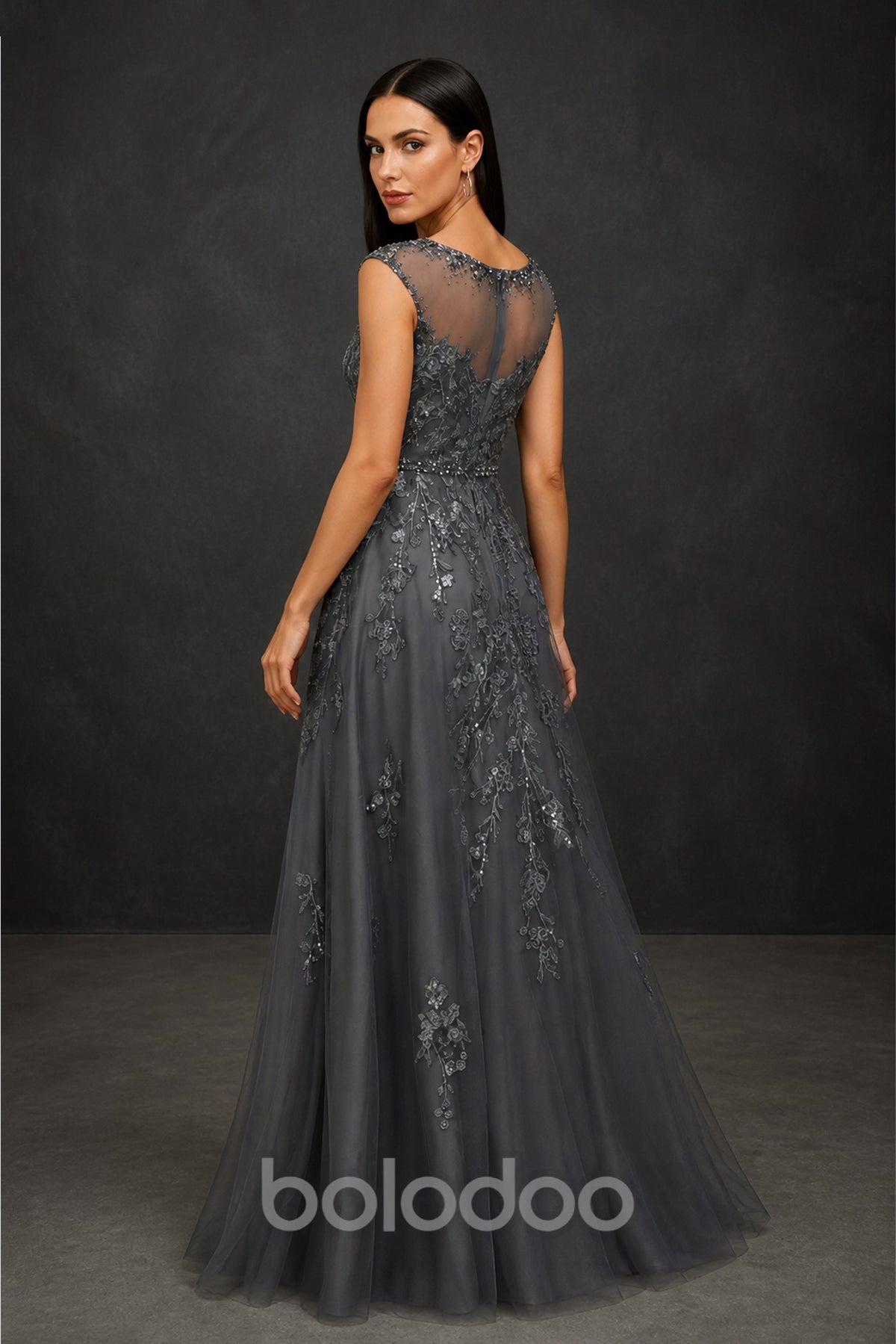 BOLODOO Charcoal Grey Beaded Lace Appliqué Tulle A-Line Gown - Back View | BOLODOO watermark