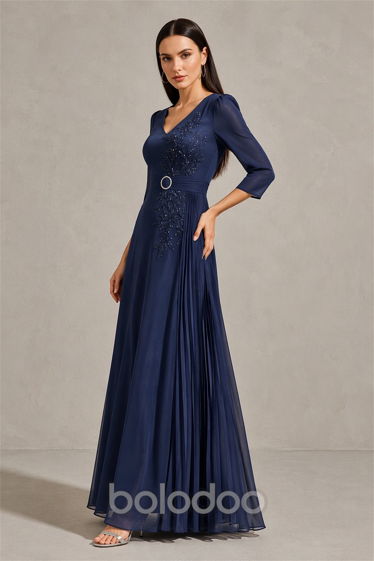 BOLODOO Navy Blue Beaded Embroidery Chiffon A-Line Gown - Side View | BOLODOO watermark