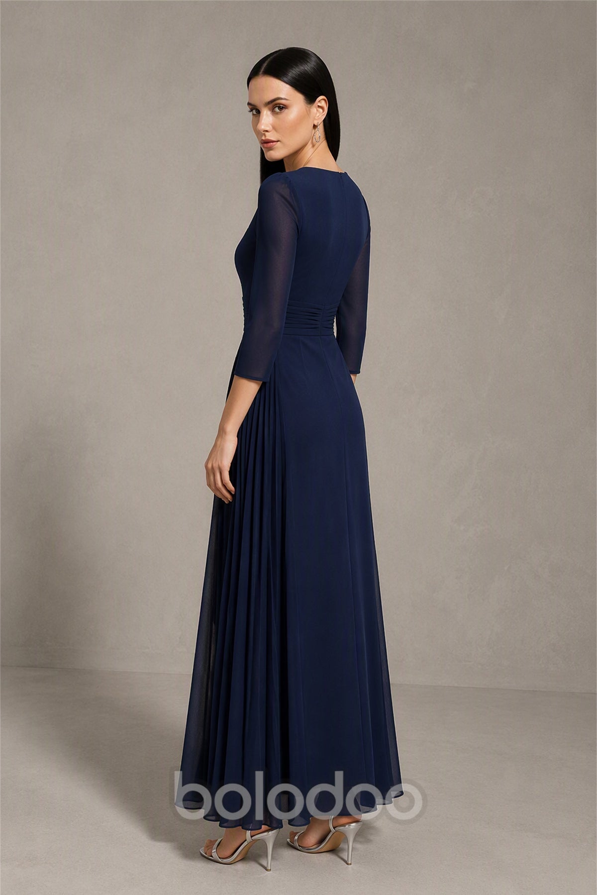 BOLODOO Navy Blue Beaded Embroidery Chiffon A-Line Gown - Back View | BOLODOO watermark