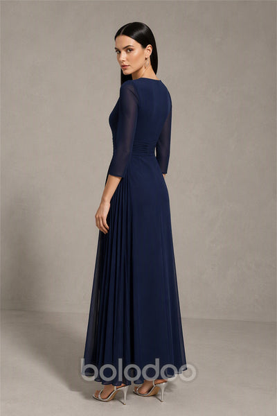 BOLODOO Navy Blue Beaded Embroidery Chiffon A-Line Gown - Back View | BOLODOO watermark