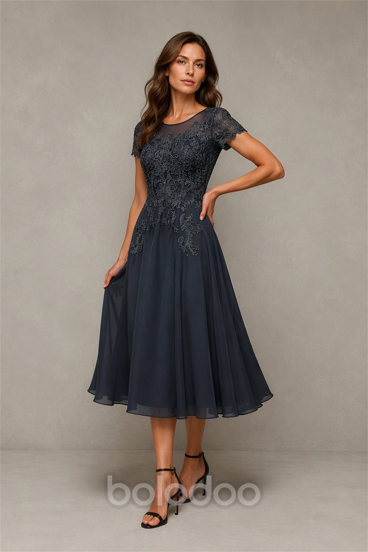 BOLODOO Steel Blue Beaded Lace Illusion Chiffon Tea-Length Dress - Front View | BOLODOO watermark