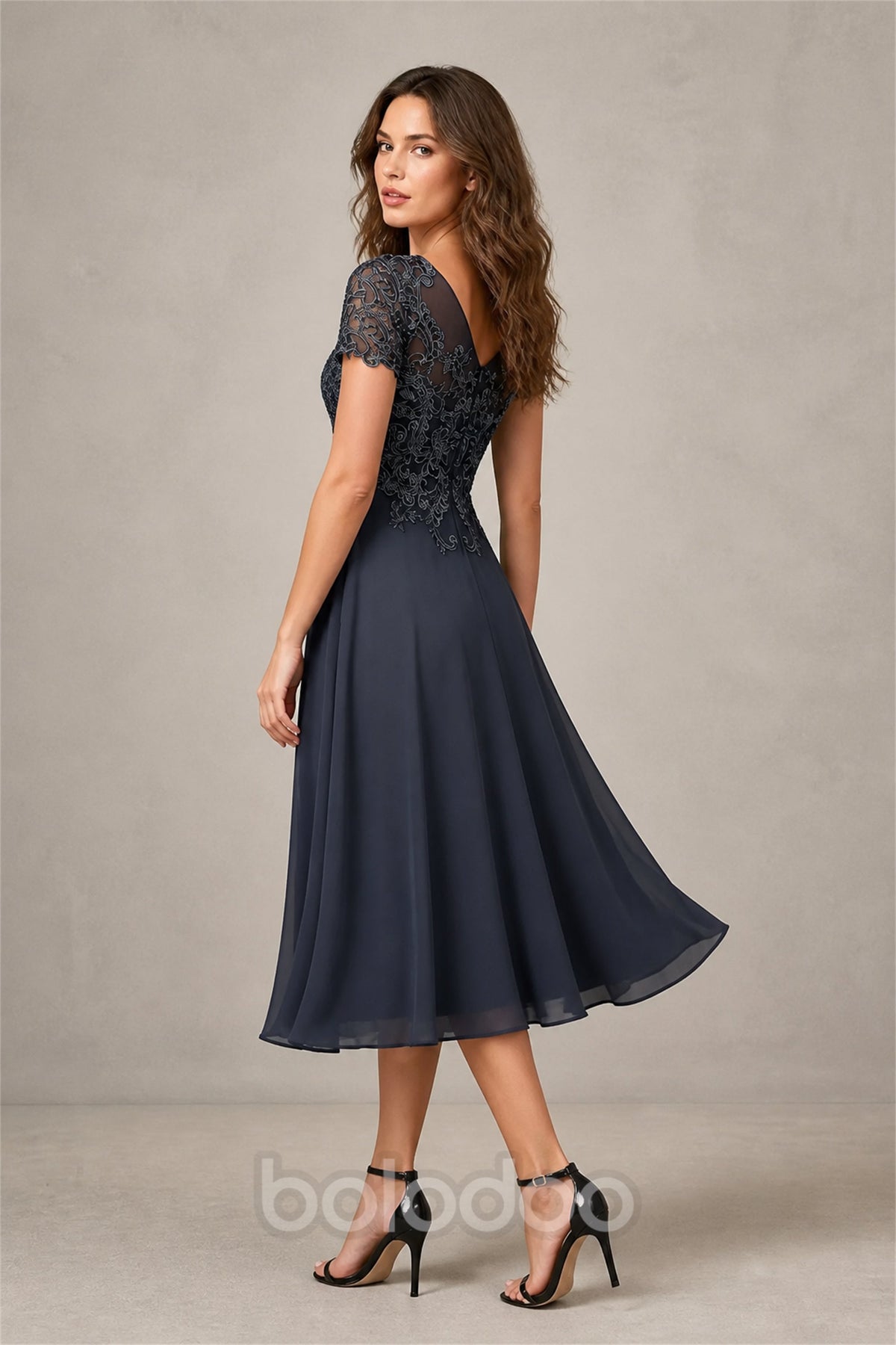 BOLODOO Steel Blue Beaded Lace Illusion Chiffon Tea-Length Dress - Front Full View | BOLODOO watermark