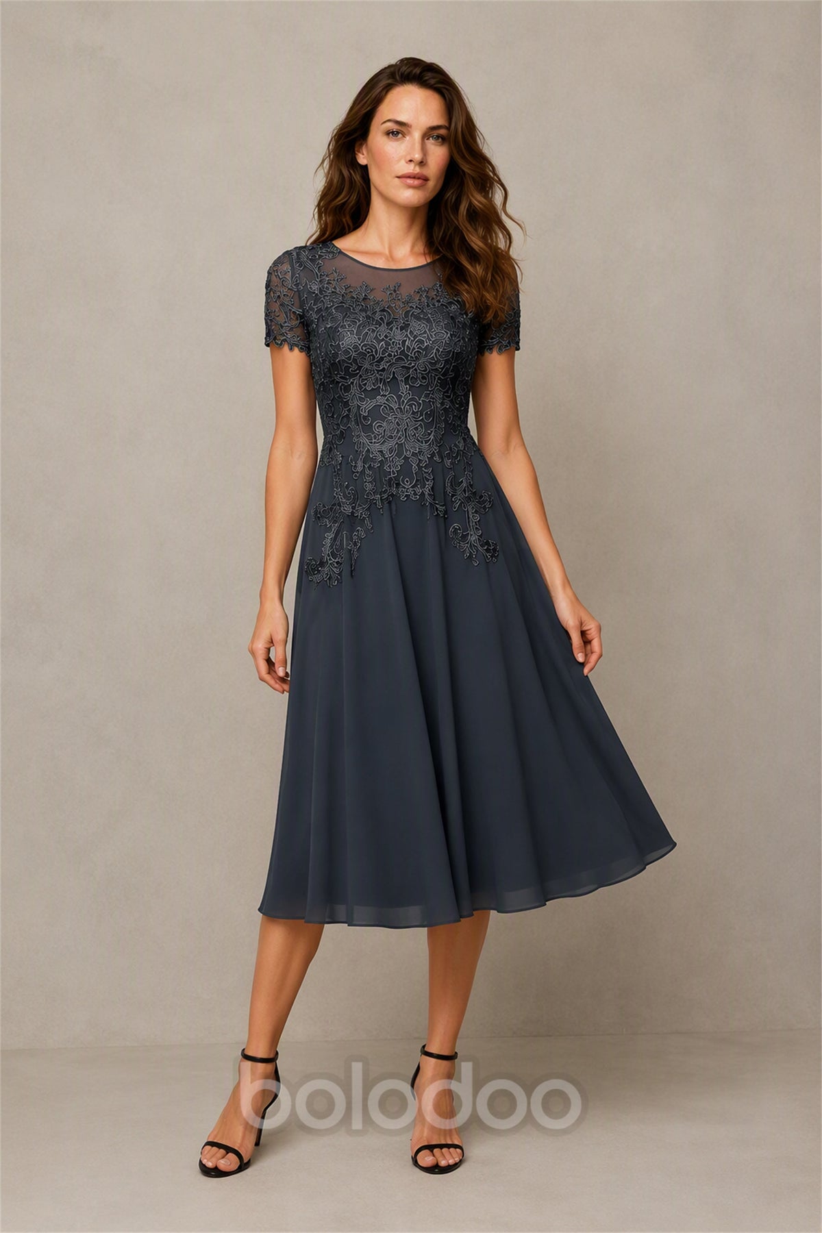 BOLODOO Steel Blue Beaded Lace Illusion Chiffon Tea-Length Dress - Three-Quarter Front View | BOLODOO watermark