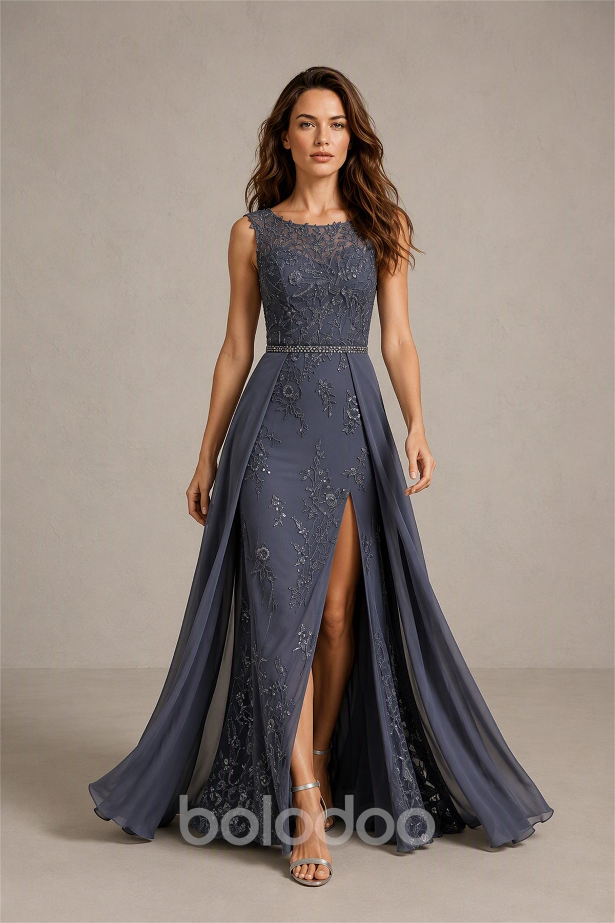 BOLODOO Dusty Navy Beaded Lace Mermaid Gown with Chiffon Overskirt - Front View with Overskirt | BOLODOO watermark
