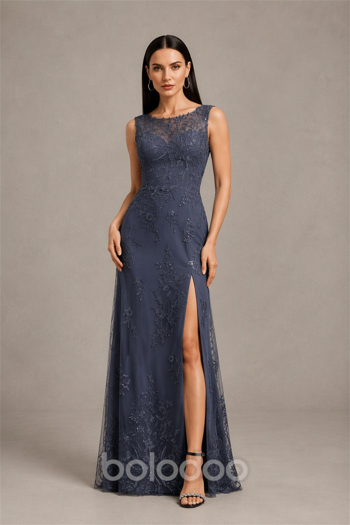 BOLODOO Dusty Navy Beaded Lace Mermaid Gown - Front View without Overskirt | BOLODOO watermark