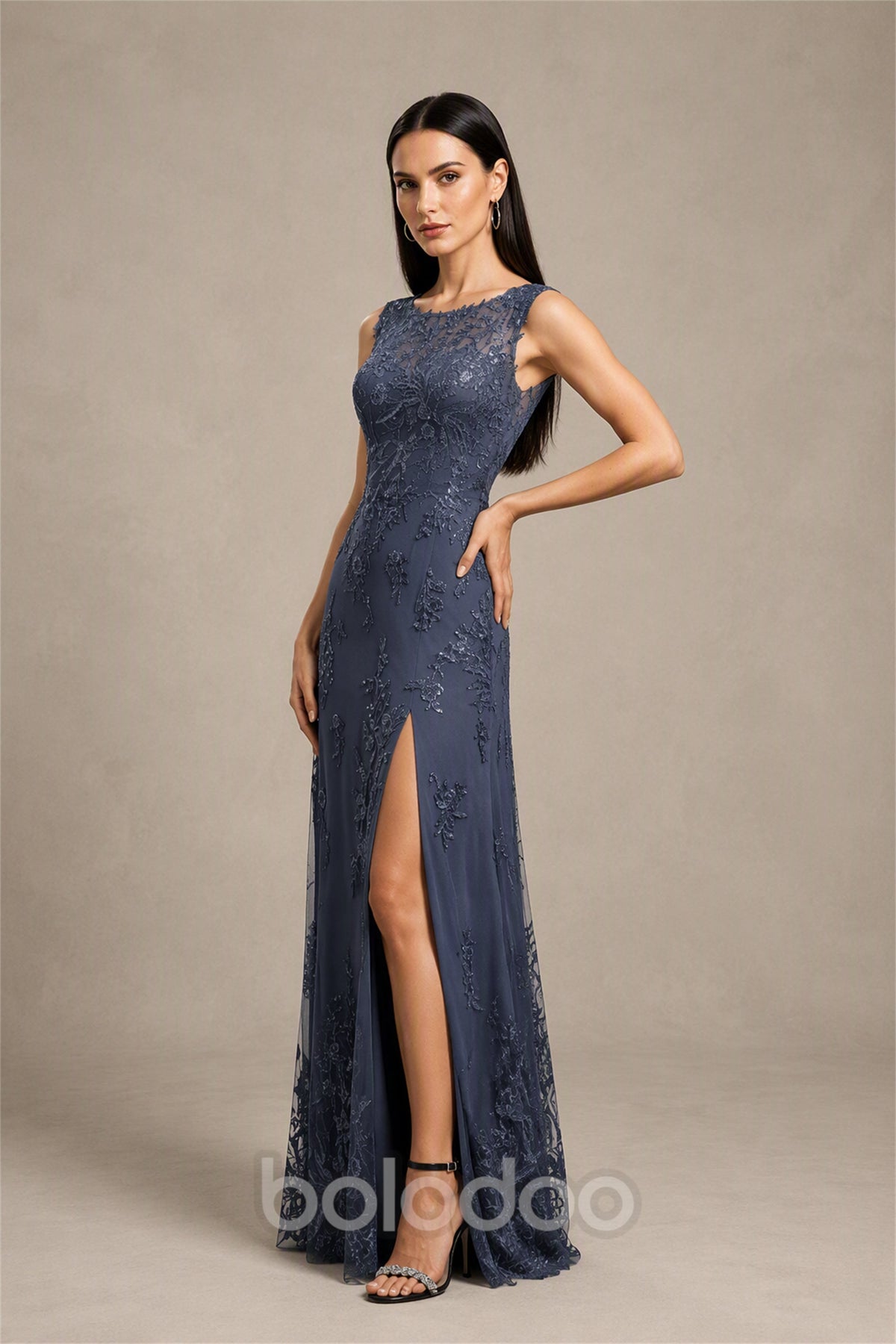 BOLODOO Dusty Navy Beaded Lace Mermaid Gown - Side View Showing Front Slit | BOLODOO watermark