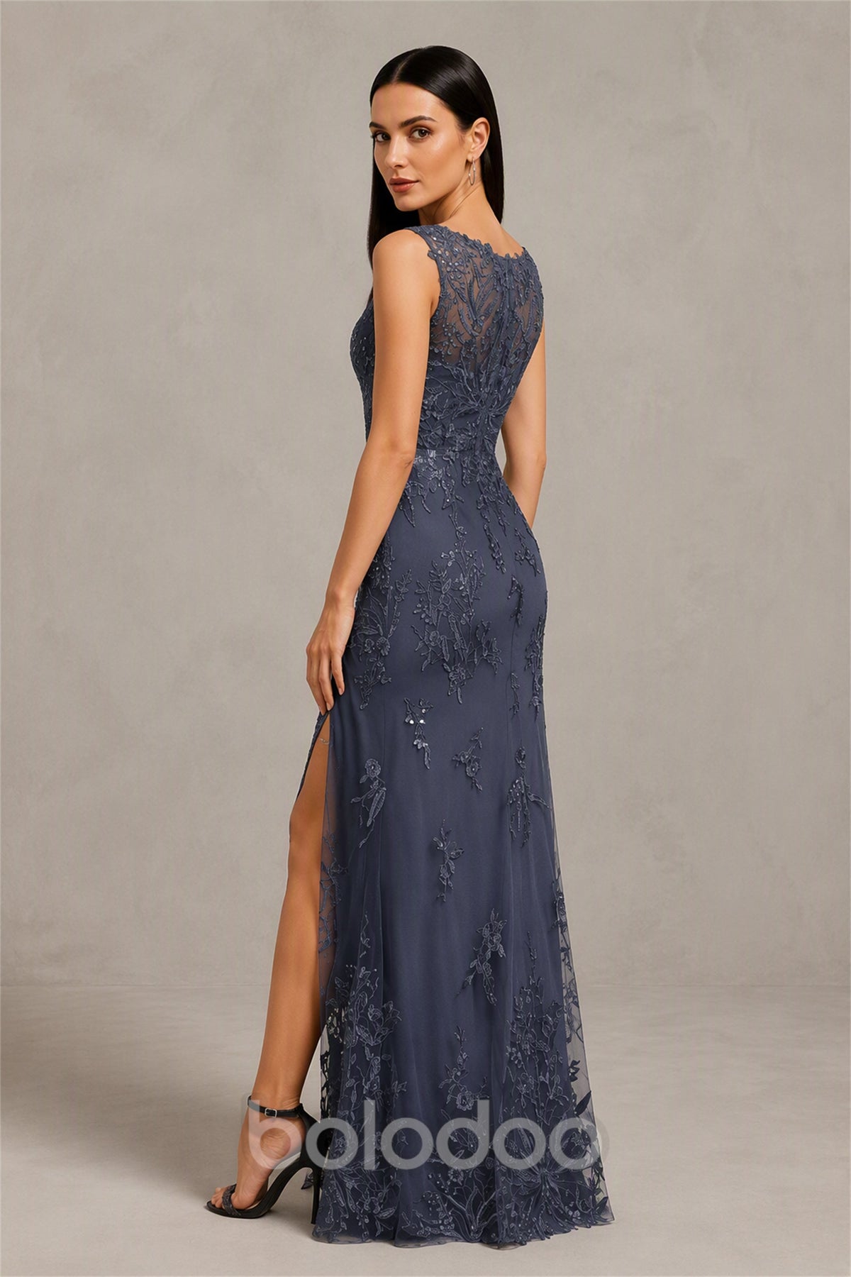 BOLODOO Dusty Navy Beaded Lace Mermaid Gown - Back View Showing Illusion Lace | BOLODOO watermark