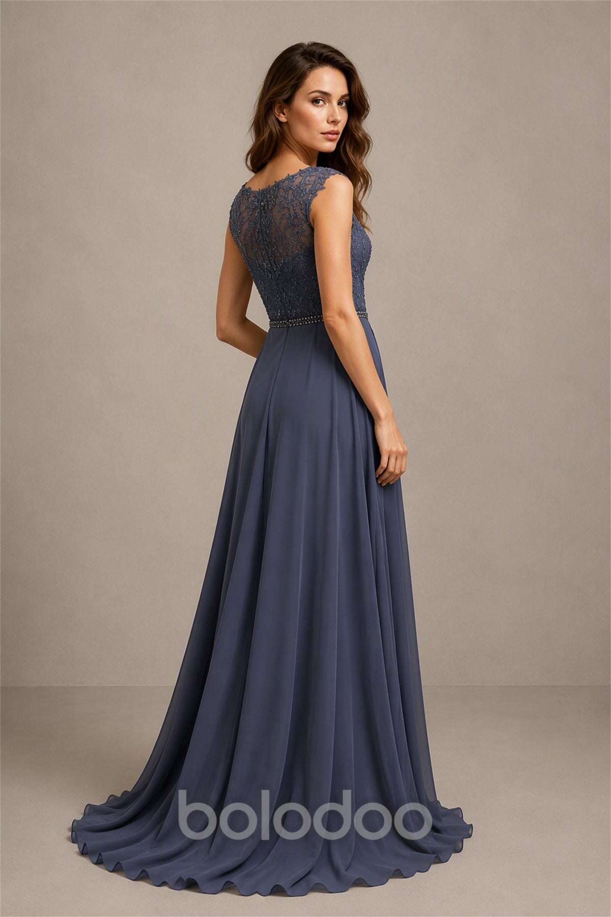 BOLODOO Dusty Navy Beaded Lace Mermaid Gown - Three-Quarter View | BOLODOO watermark