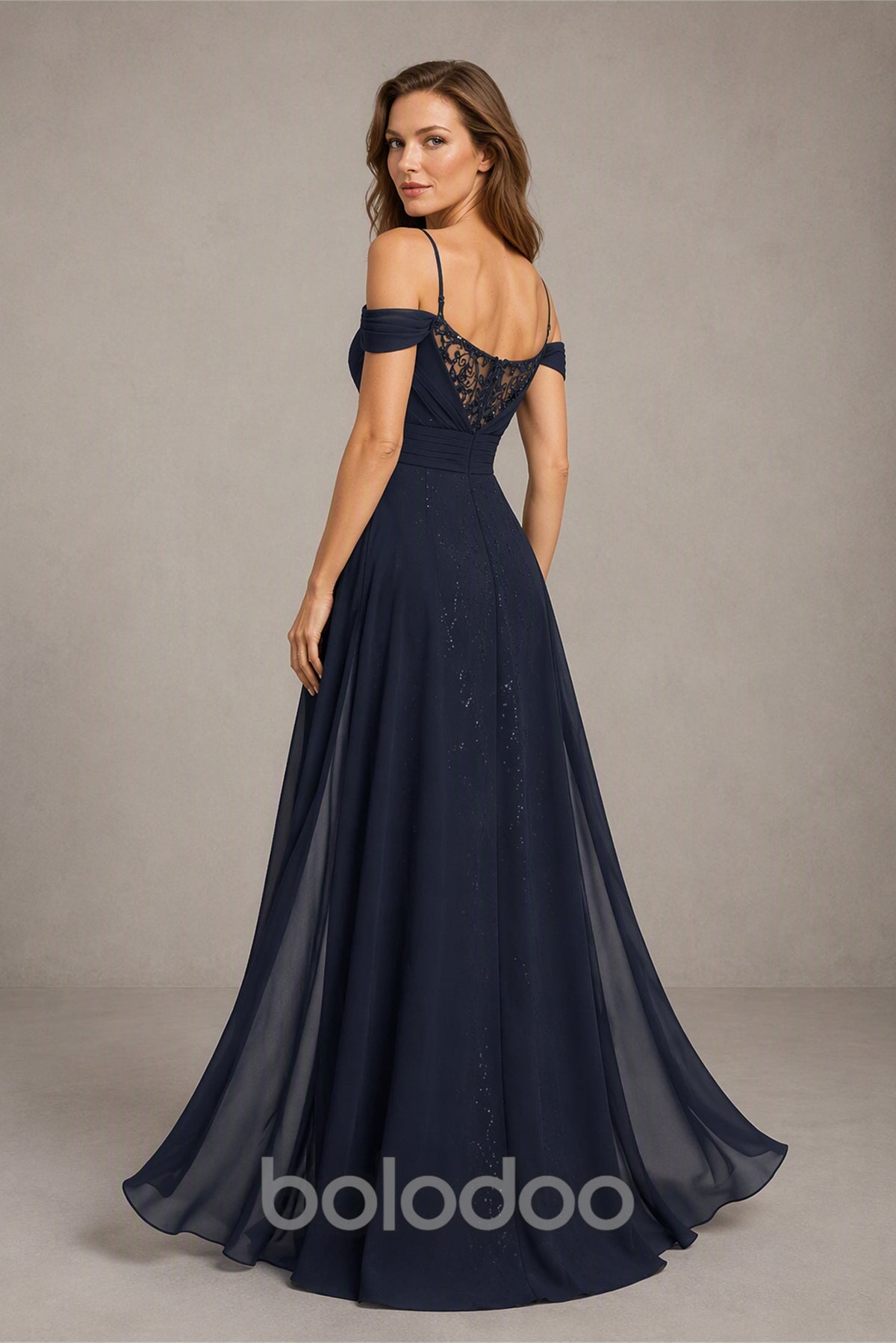 BOLODOO Navy Blue Off-Shoulder Sequin Lace Chiffon A-Line Gown - Front Detail View | BOLODOO watermark