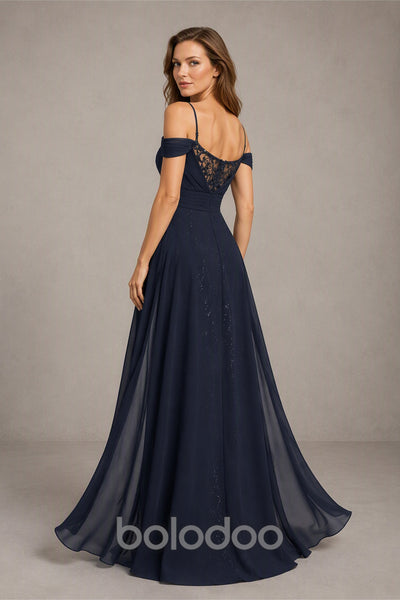 BOLODOO Navy Blue Off-Shoulder Sequin Lace Chiffon A-Line Gown - Front Detail View | BOLODOO watermark
