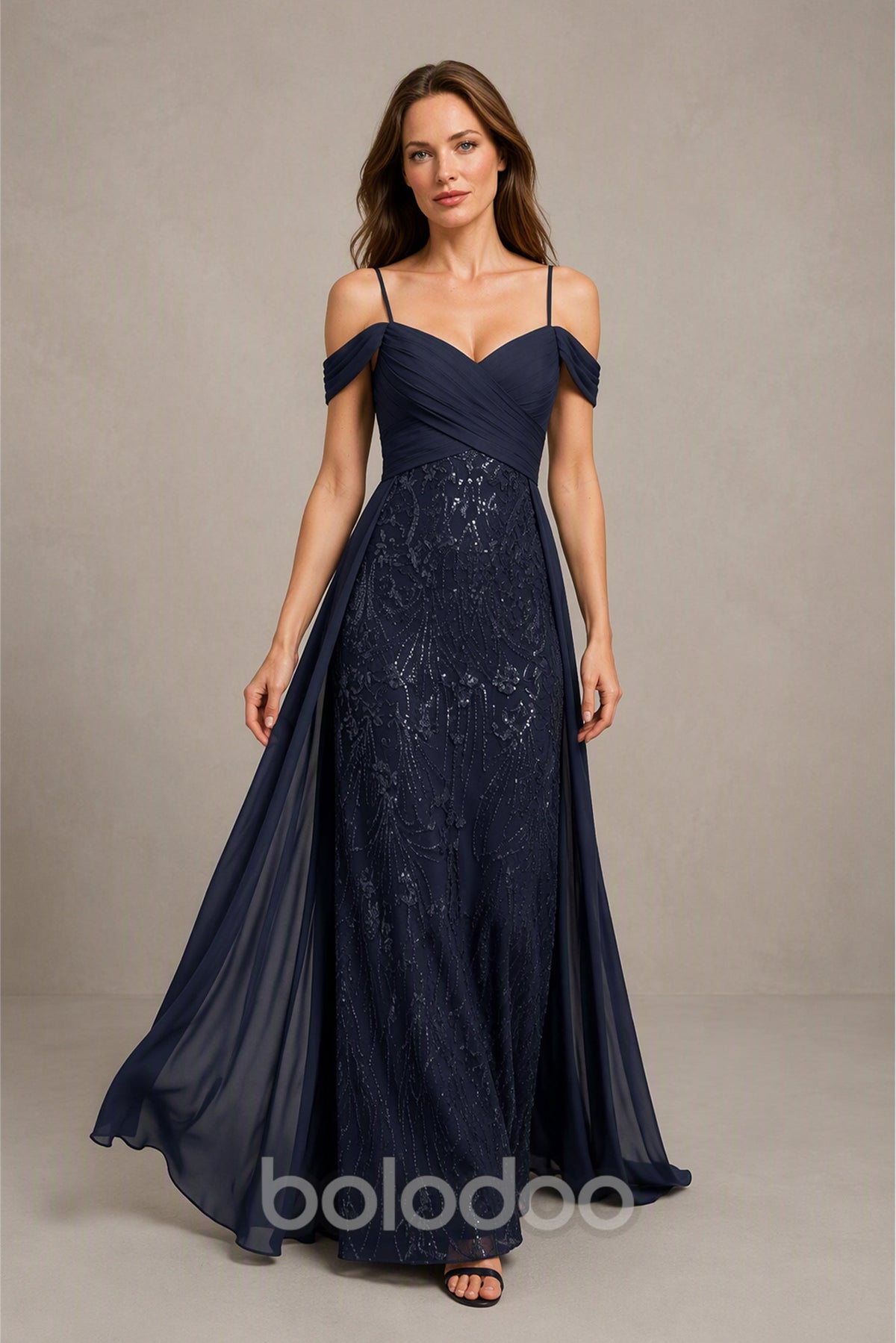 BOLODOO Navy Blue Off-Shoulder Sequin Lace Chiffon A-Line Gown - Back View Showing Open Low Back | BOLODOO watermark