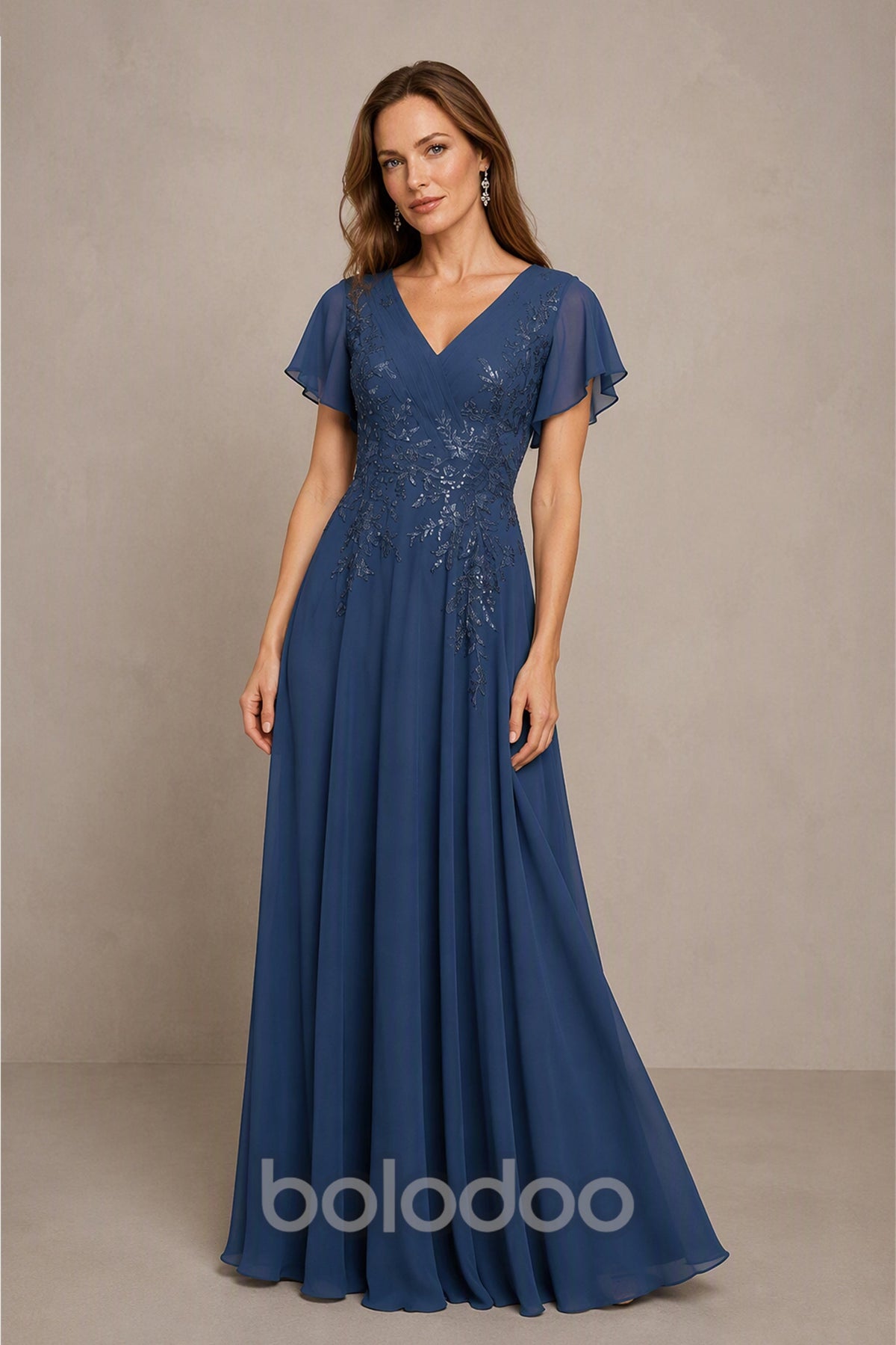 BOLODOO Steel Blue Flutter Sleeve Sequin Embroidery Chiffon A-Line Gown - Front Full View Showing Embroidery Detail | BOLODOO watermark