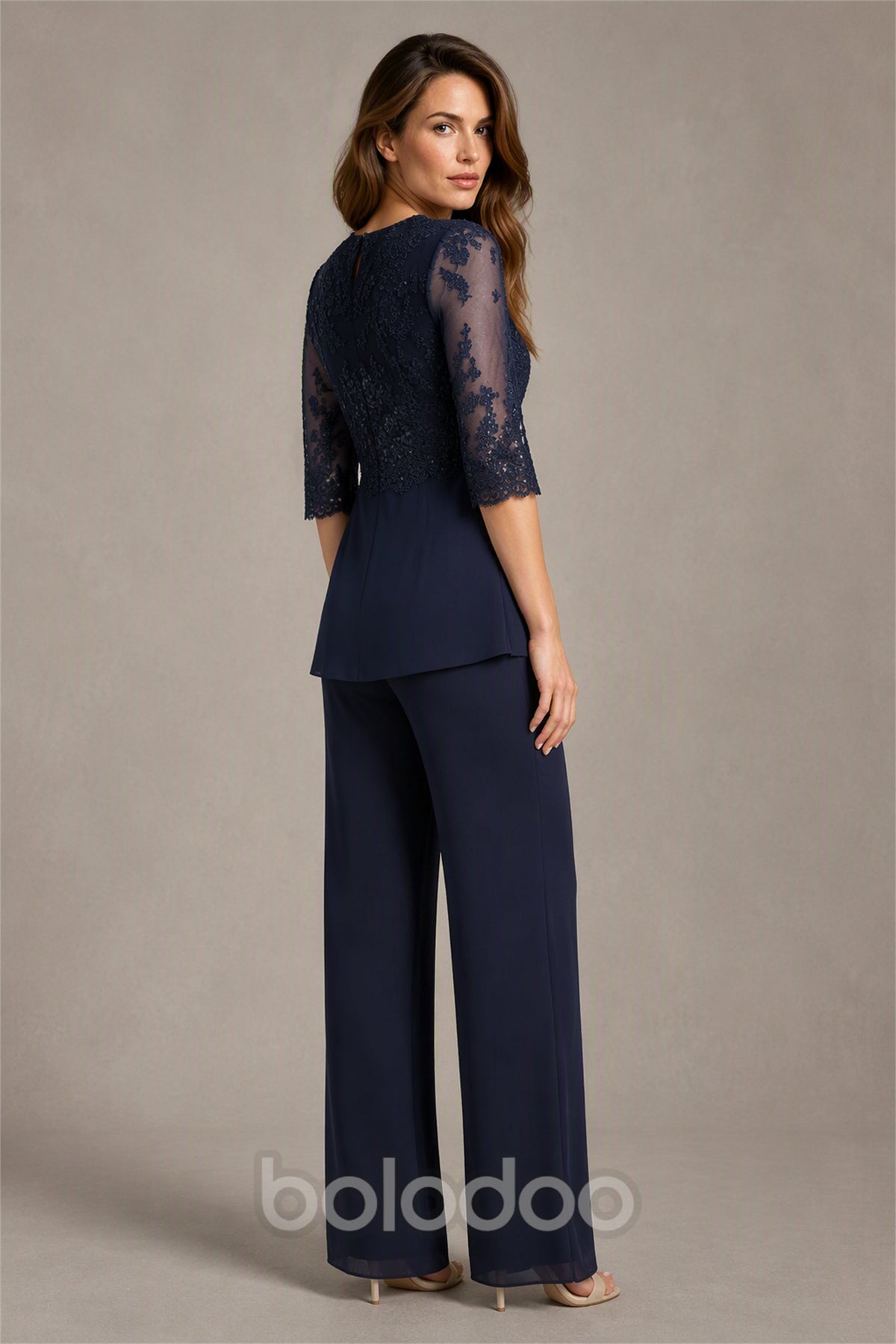 BOLODOO Navy Blue Beaded Lace Top & Wide-Leg Chiffon Pants Set - Front View without Jacket | BOLODOO watermark