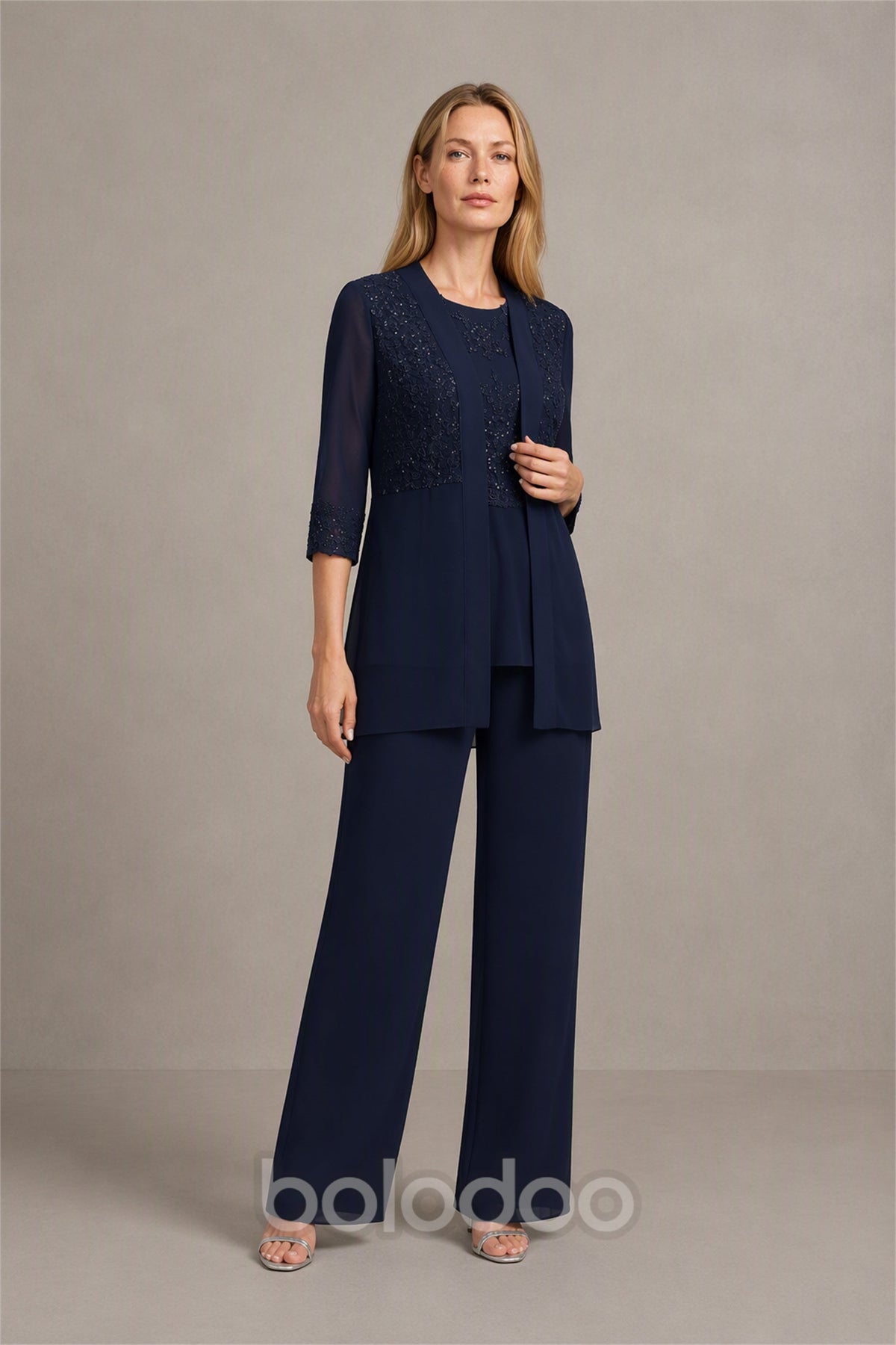 BOLODOO Navy Blue Beaded Lace Top & Wide-Leg Chiffon Pants Set - Front Second View without Jacket | BOLODOO watermark