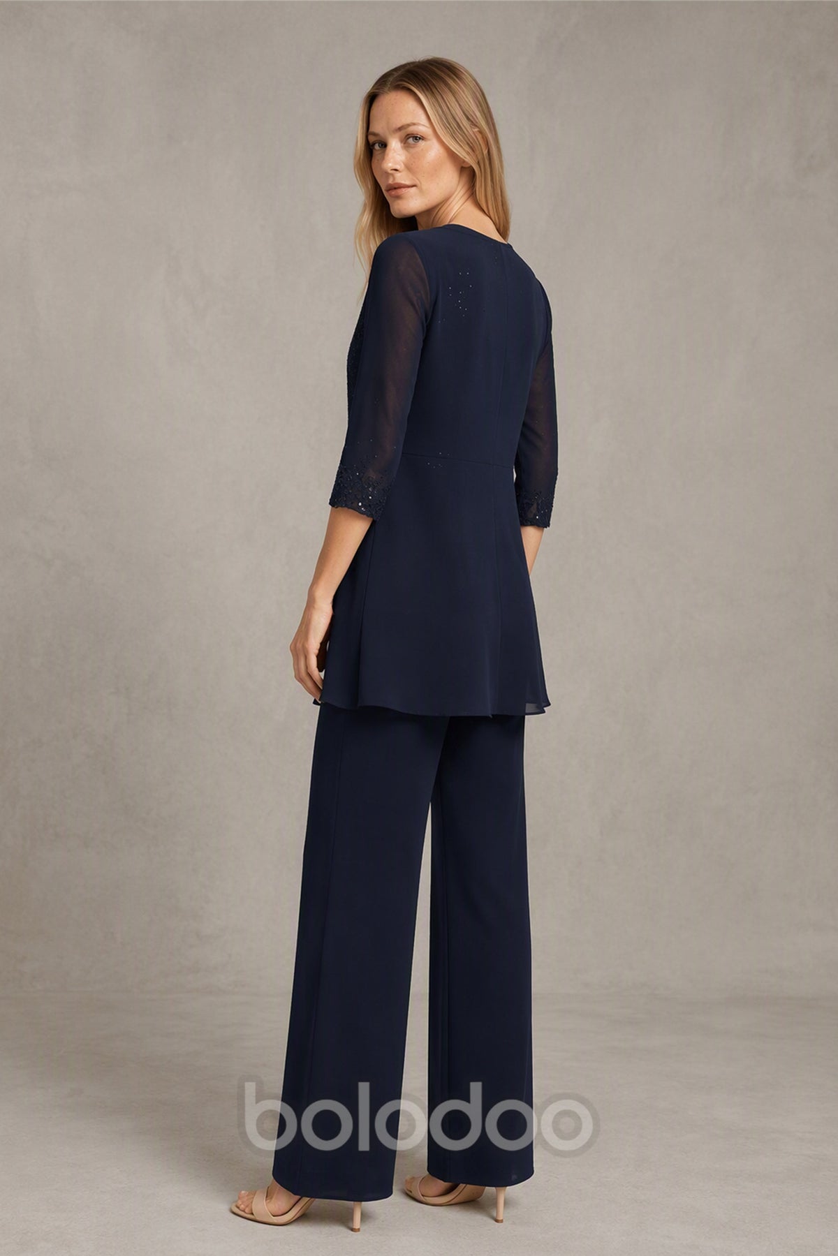 BOLODOO Navy Blue Beaded Lace Top & Wide-Leg Chiffon Pants Set with Jacket - Front View | BOLODOO watermark