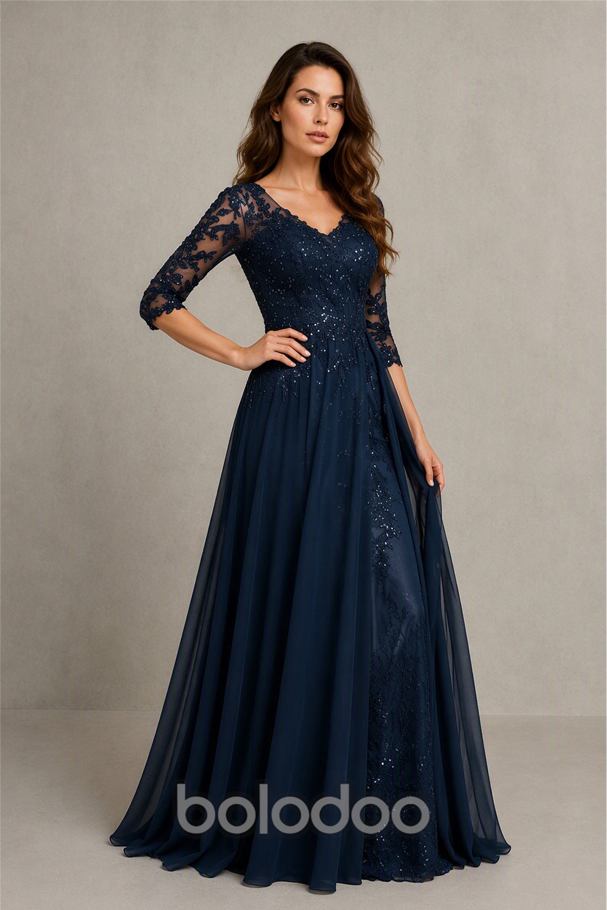 BOLODOO Midnight Navy Beaded Lace Appliqué Chiffon A-Line Gown - Front View | BOLODOO watermark