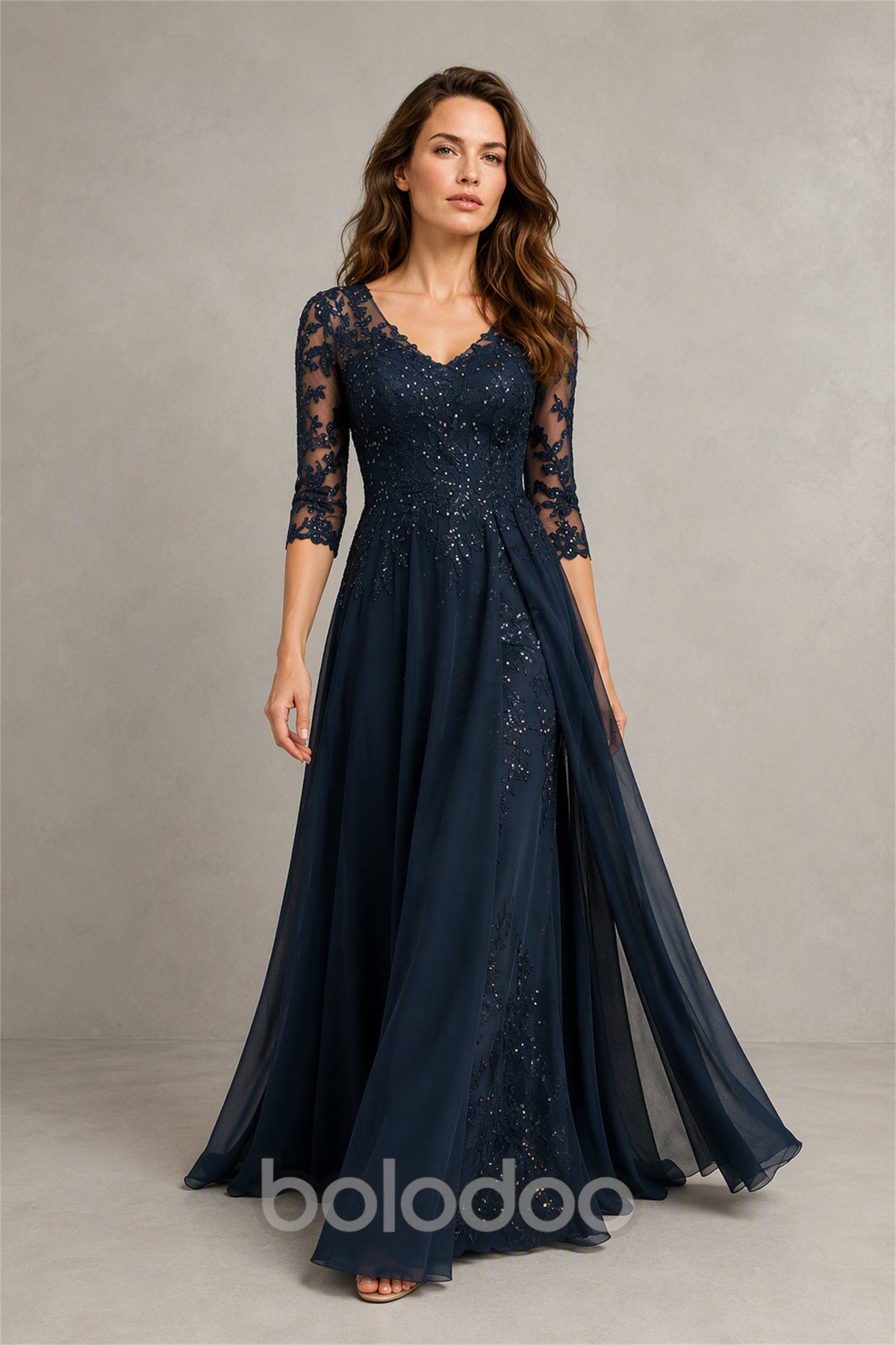 BOLODOO Midnight Navy Beaded Lace Appliqué Chiffon A-Line Gown - Back View Showing Illusion Lace V-Back | BOLODOO watermark