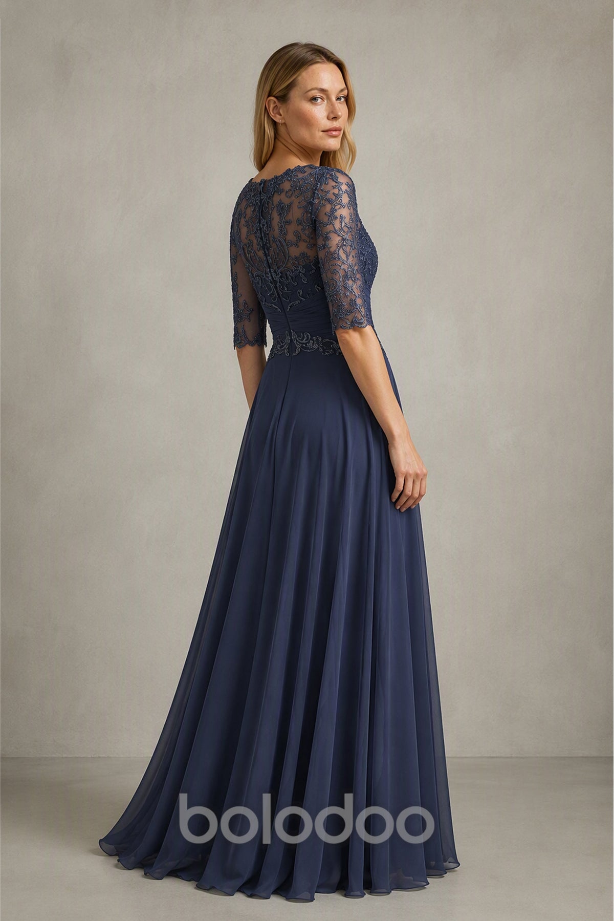 BOLODOO Dusty Navy Baroque Beaded Lace Illusion Chiffon A-Line Gown - Full Front View with Skirt | BOLODOO watermark