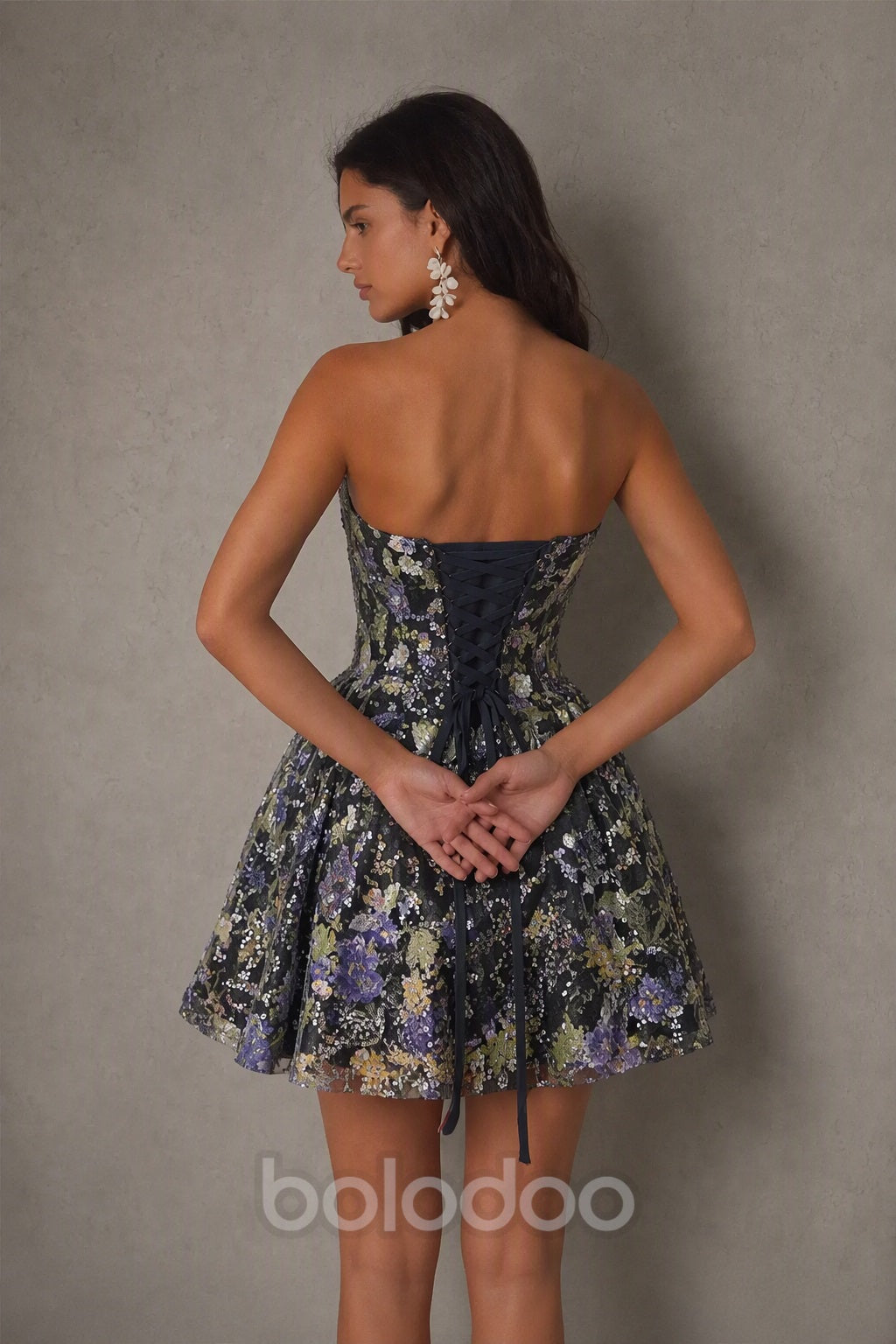 BOLODOO Green Floral Floral Sequin Strapless Corset Mini Dress - back view | BOLODOO watermark