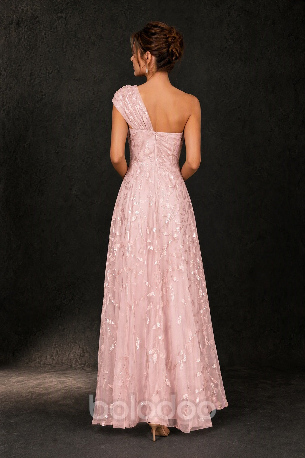 BOLODOO Blush Pink Gold Leaf Sequin One-Shoulder A-Line Maxi Gown – Mother of the Bride & Formal Evening Dress - back view | BOLODOO watermark