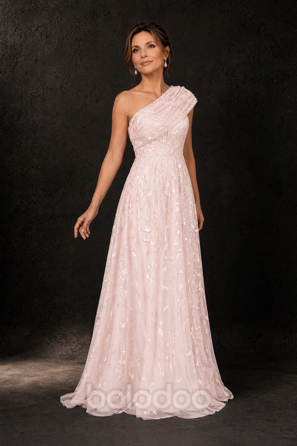 BOLODOO Blush Pink Gold Leaf Sequin One-Shoulder A-Line Maxi Gown – Mother of the Bride & Formal Evening Dress - detail view 3 | BOLODOO watermark