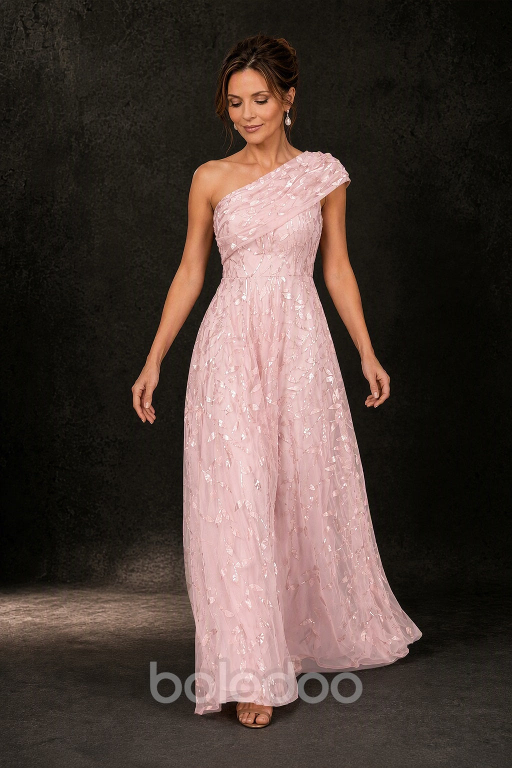 BOLODOO Blush Pink Gold Leaf Sequin One-Shoulder A-Line Maxi Gown – Mother of the Bride & Formal Evening Dress - detail view 4 | BOLODOO watermark