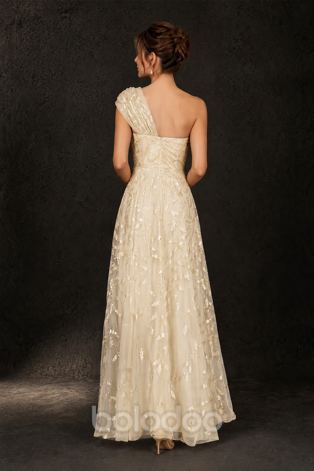 BOLODOO Champagne Gold Leaf Sequin One-Shoulder A-Line Maxi Gown – Mother of the Bride & Formal Evening Dress - back view | BOLODOO watermark