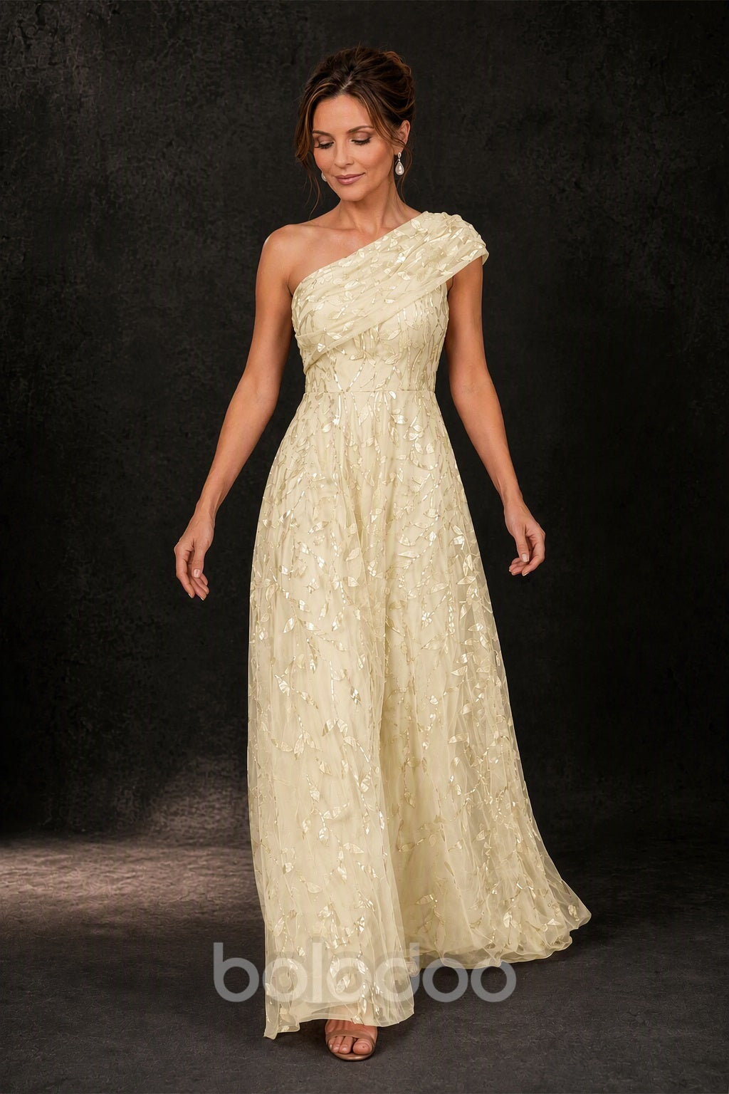 BOLODOO Champagne Gold Leaf Sequin One-Shoulder A-Line Maxi Gown – Mother of the Bride & Formal Evening Dress - detail view 3 | BOLODOO watermark