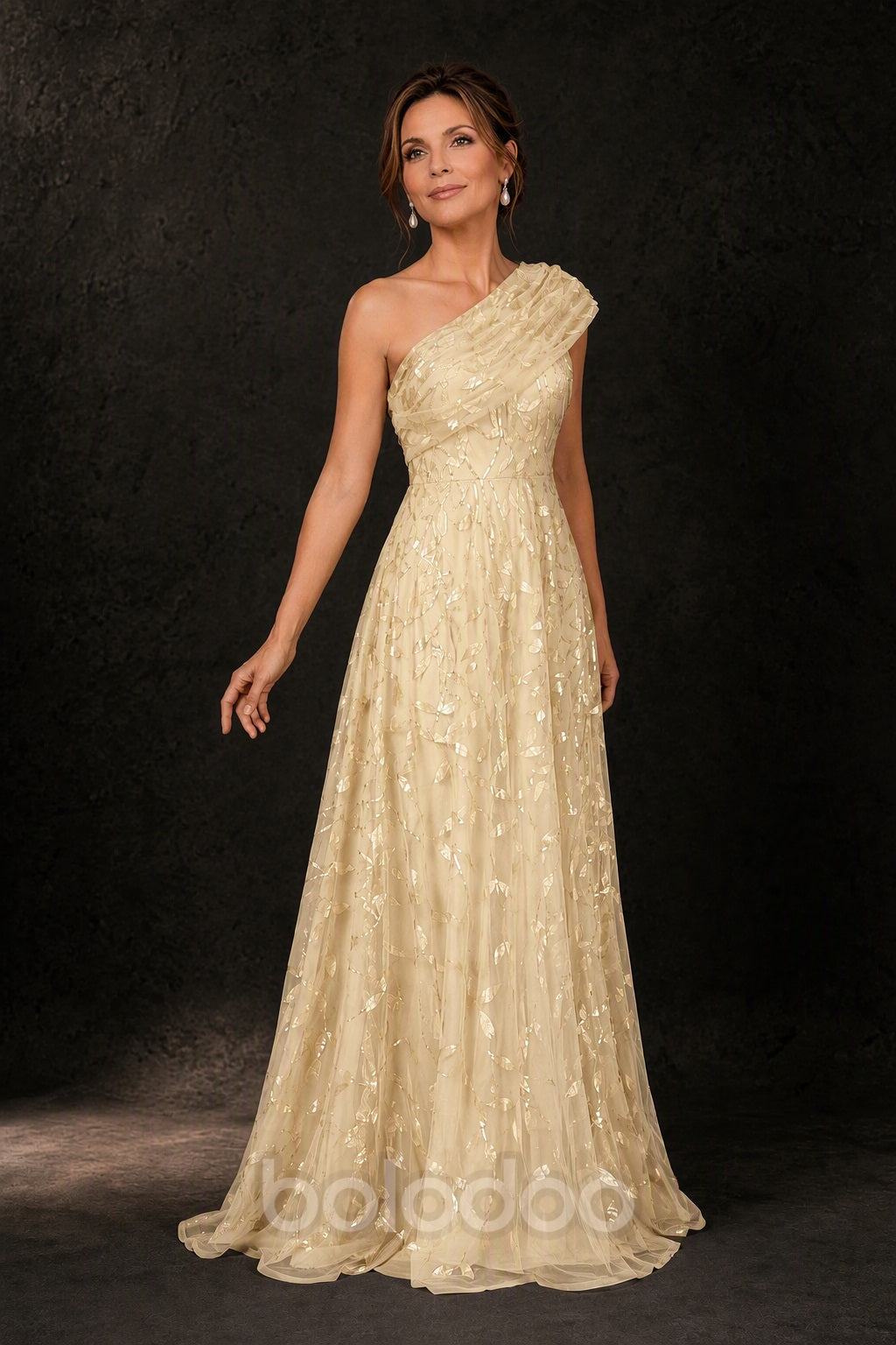 BOLODOO Champagne Gold Leaf Sequin One-Shoulder A-Line Maxi Gown – Mother of the Bride & Formal Evening Dress - detail view 4 | BOLODOO watermark