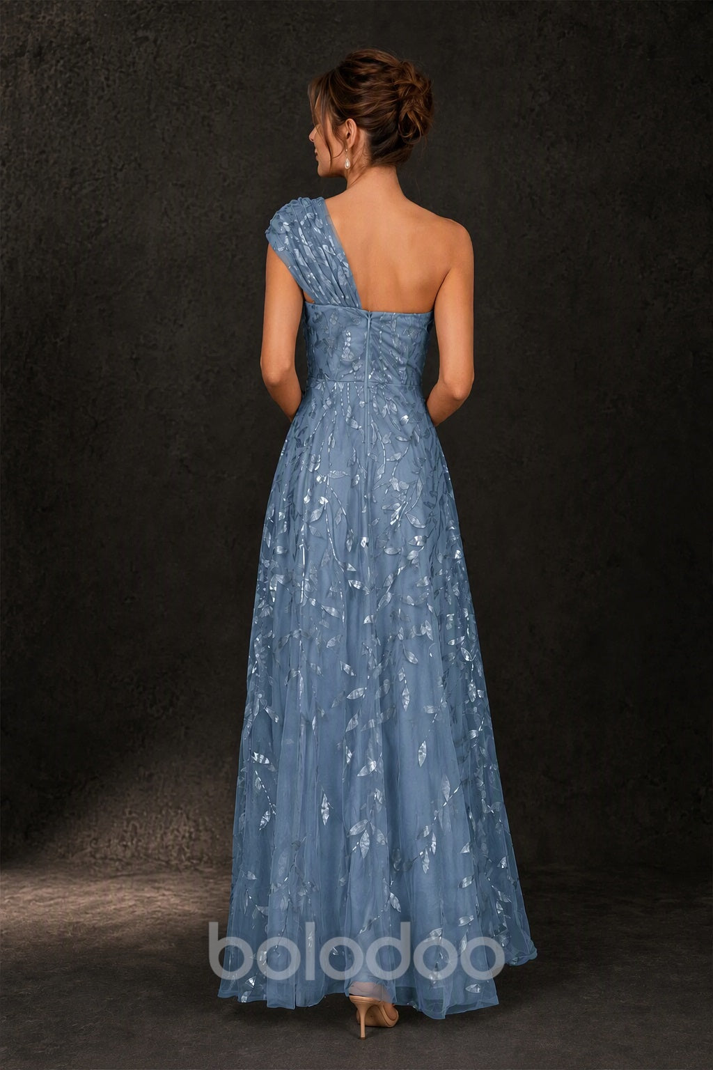 BOLODOO Dusty Blue Gold Leaf Sequin One-Shoulder A-Line Maxi Gown – Mother of the Bride & Formal Evening Dress - back view | BOLODOO watermark