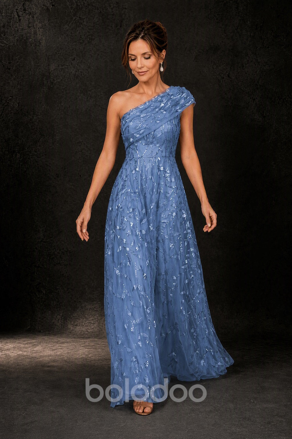 BOLODOO Dusty Blue Gold Leaf Sequin One-Shoulder A-Line Maxi Gown – Mother of the Bride & Formal Evening Dress - detail view 3 | BOLODOO watermark