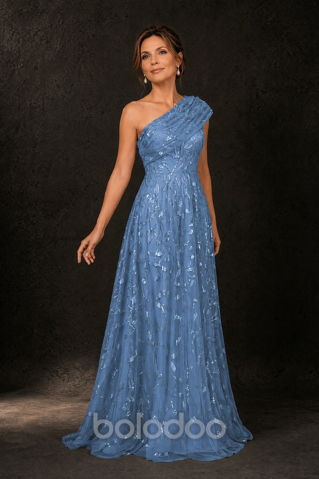 BOLODOO Dusty Blue Gold Leaf Sequin One-Shoulder A-Line Maxi Gown – Mother of the Bride & Formal Evening Dress - detail view 4 | BOLODOO watermark