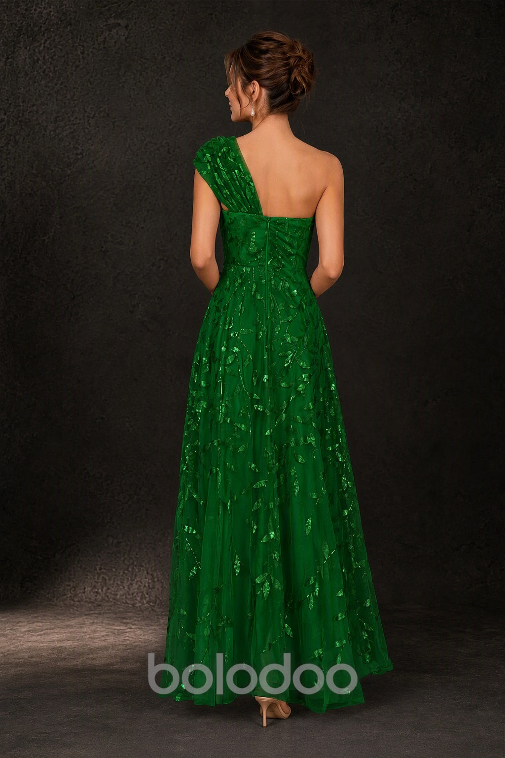 BOLODOO Emerald Green Gold Leaf Sequin One-Shoulder A-Line Maxi Gown – Mother of the Bride & Formal Evening Dress - back view | BOLODOO watermark