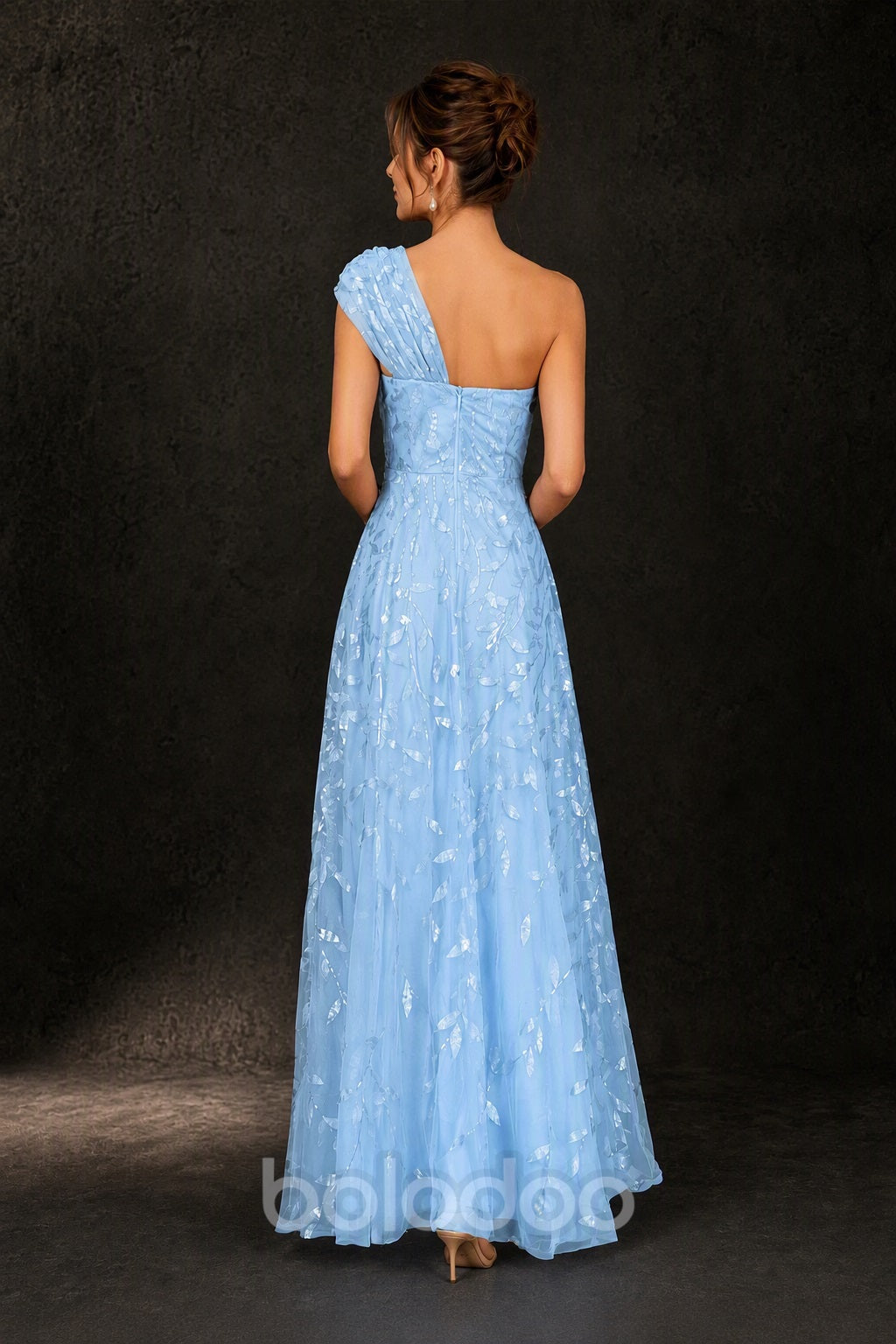 BOLODOO Light Blue Gold Leaf Sequin One-Shoulder A-Line Maxi Gown – Mother of the Bride & Formal Evening Dress - back view | BOLODOO watermark