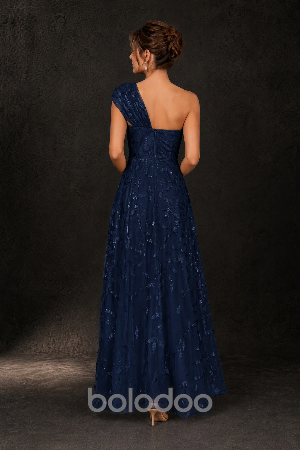 BOLODOO Navy Gold Leaf Sequin One-Shoulder A-Line Maxi Gown – Mother of the Bride & Formal Evening Dress - back view | BOLODOO watermark