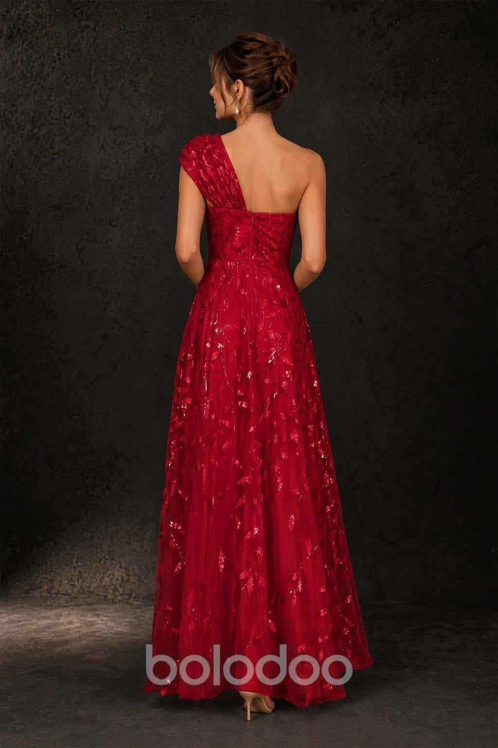 BOLODOO Red Gold Leaf Sequin One-Shoulder A-Line Maxi Gown – Mother of the Bride & Formal Evening Dress - back view | BOLODOO watermark