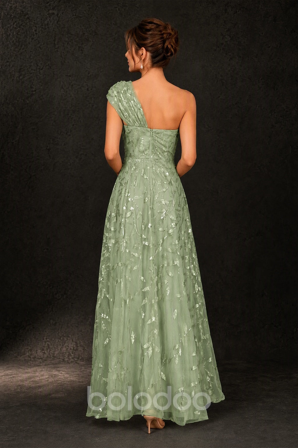 BOLODOO Sage Green Gold Leaf Sequin One-Shoulder A-Line Maxi Gown – Mother of the Bride & Formal Evening Dress - back view | BOLODOO watermark