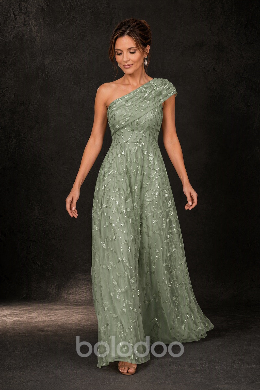 BOLODOO Sage Green Gold Leaf Sequin One-Shoulder A-Line Maxi Gown – Mother of the Bride & Formal Evening Dress - detail view 3 | BOLODOO watermark