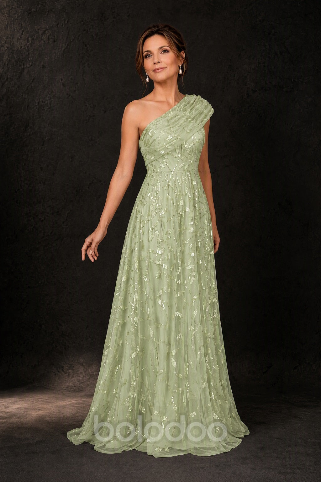 BOLODOO Sage Green Gold Leaf Sequin One-Shoulder A-Line Maxi Gown – Mother of the Bride & Formal Evening Dress - detail view 4 | BOLODOO watermark