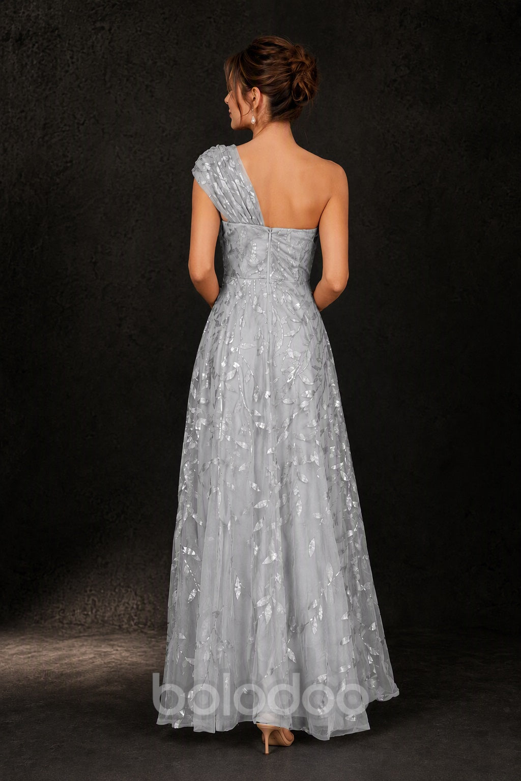 BOLODOO Silver Gold Leaf Sequin One-Shoulder A-Line Maxi Gown – Mother of the Bride & Formal Evening Dress - back view | BOLODOO watermark