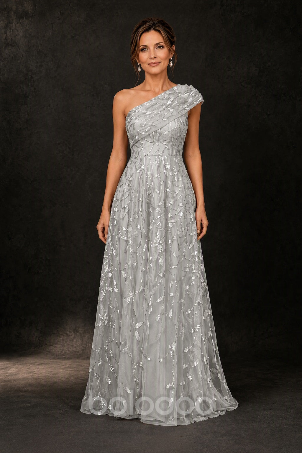 BOLODOO Silver Gold Leaf Sequin One-Shoulder A-Line Maxi Gown – Mother of the Bride & Formal Evening Dress - detail view 3 | BOLODOO watermark