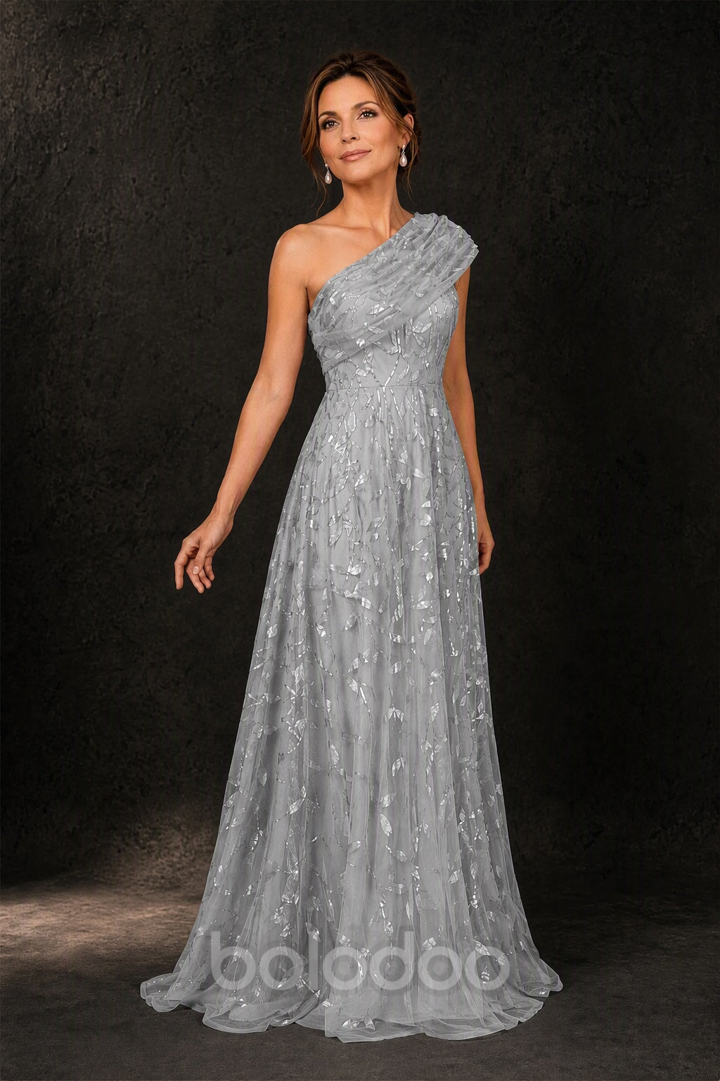BOLODOO Silver Gold Leaf Sequin One-Shoulder A-Line Maxi Gown – Mother of the Bride & Formal Evening Dress - detail view 4 | BOLODOO watermark