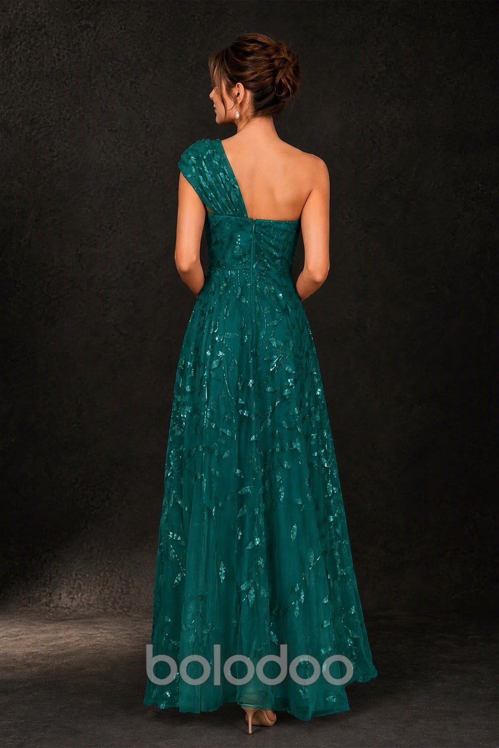 BOLODOO Teal Gold Leaf Sequin One-Shoulder A-Line Maxi Gown – Mother of the Bride & Formal Evening Dress - back view | BOLODOO watermark