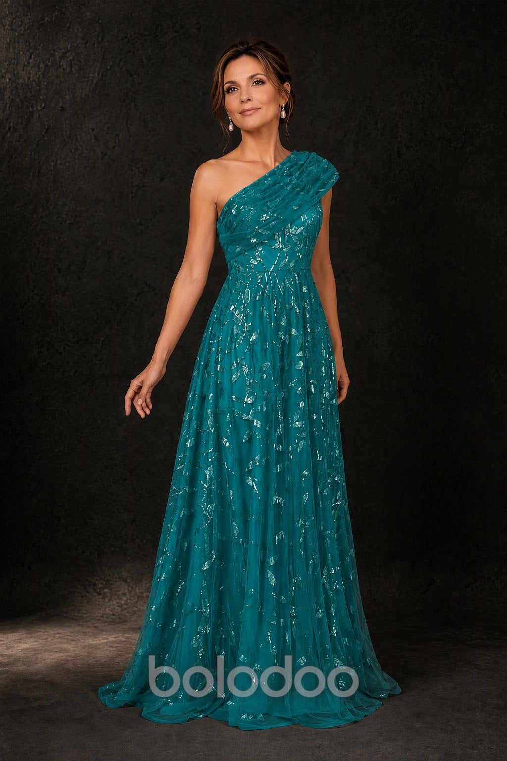 BOLODOO Teal Gold Leaf Sequin One-Shoulder A-Line Maxi Gown – Mother of the Bride & Formal Evening Dress - detail view 3 | BOLODOO watermark