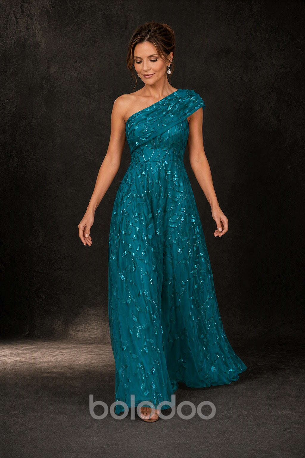 BOLODOO Teal Gold Leaf Sequin One-Shoulder A-Line Maxi Gown – Mother of the Bride & Formal Evening Dress - detail view 4 | BOLODOO watermark