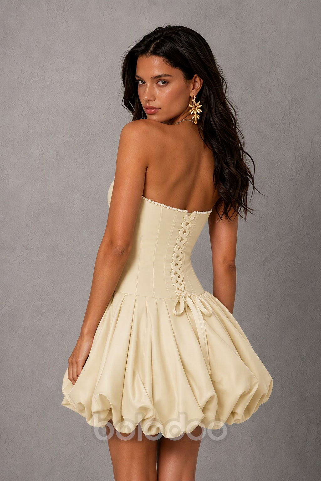BOLODOO Ivory Strapless Boned Corset Mini Dress with Pearl Trim, 3D Rose & Bubble Skirt - back view | BOLODOO watermark