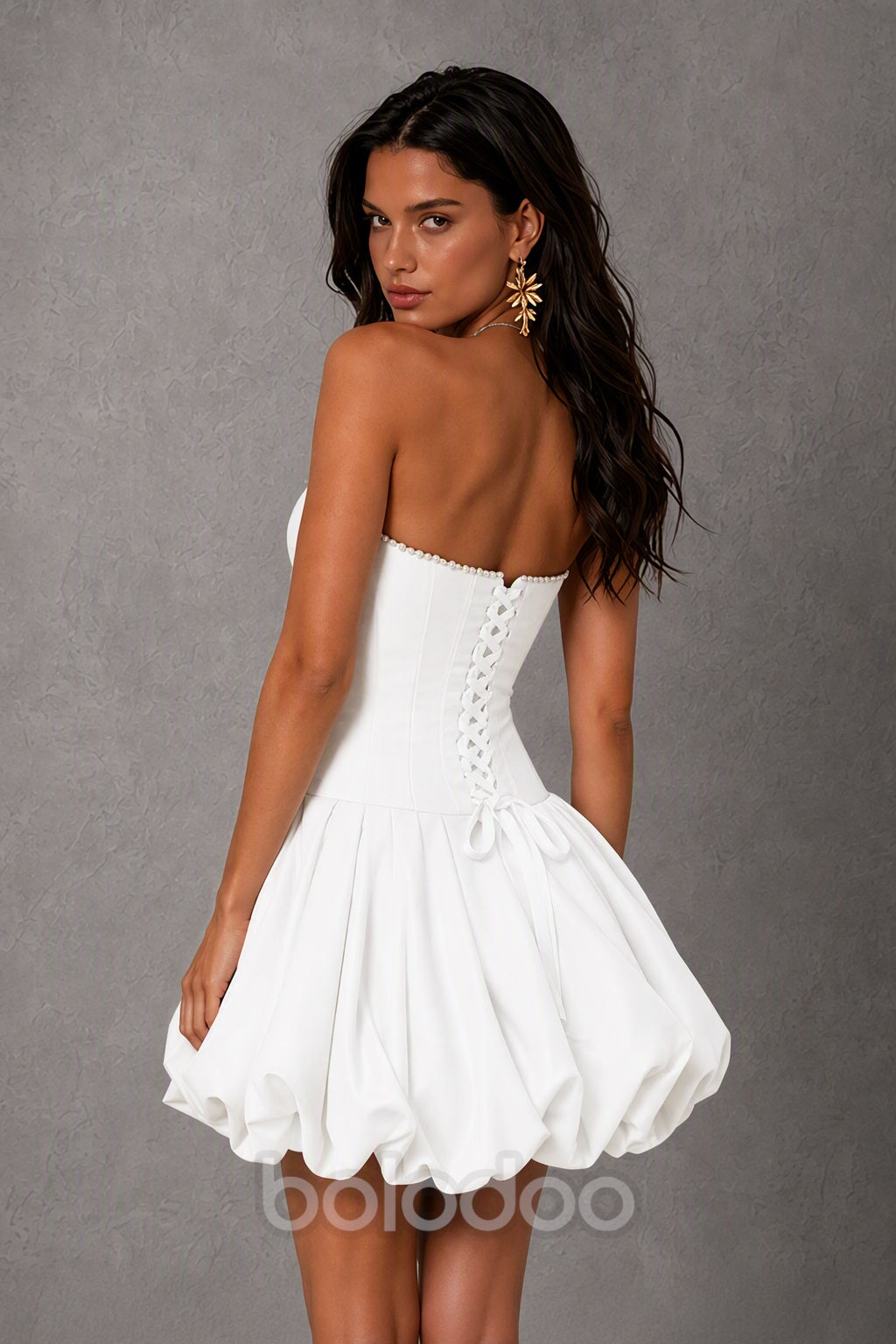 BOLODOO White Strapless Boned Corset Mini Dress with Pearl Trim, 3D Rose & Bubble Skirt - back view | BOLODOO watermark