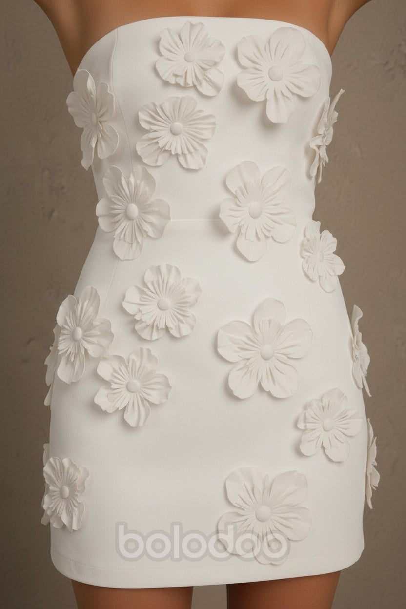 BOLODOO White Strapless 3D Tonal Floral Appliqué Mini Dress – Sleeveless Open Back Bodycon Cocktail Dress - detail view 3 | BOLODOO watermark