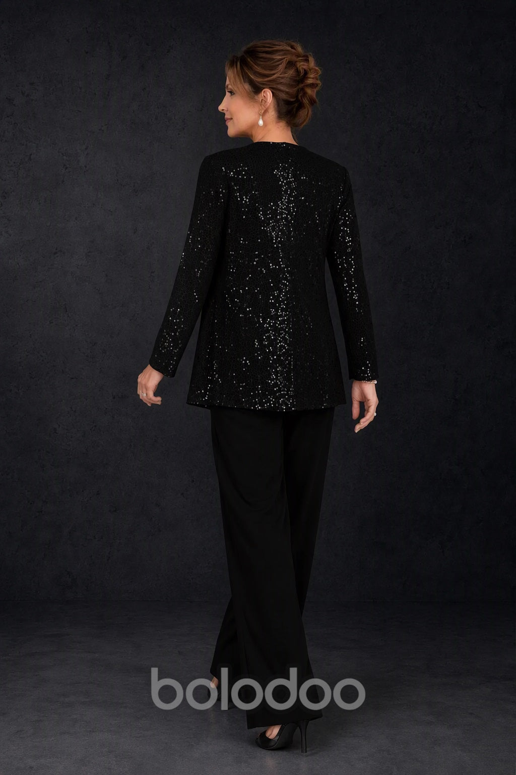 BOLODOO Black Sequin Lace 3-Piece Pant Suit with Long Sleeve Jacket - back view | BOLODOO watermark